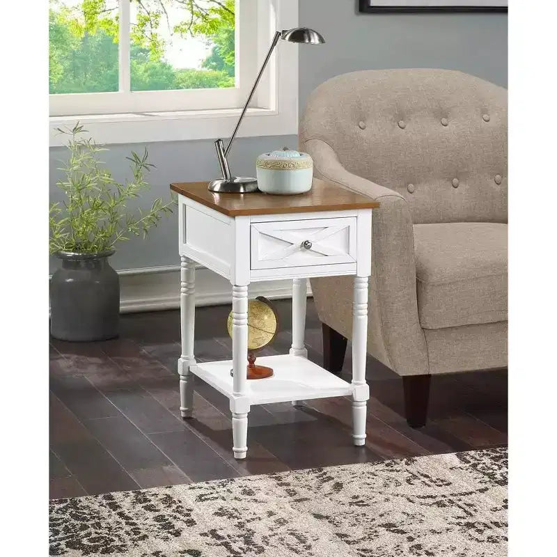 HomeStock Belmont End Table with Built-In Concealed Charging Station, 2 Outlets, 2 USB Ports, Drawer Storage and Bottom Shelf Accent Table