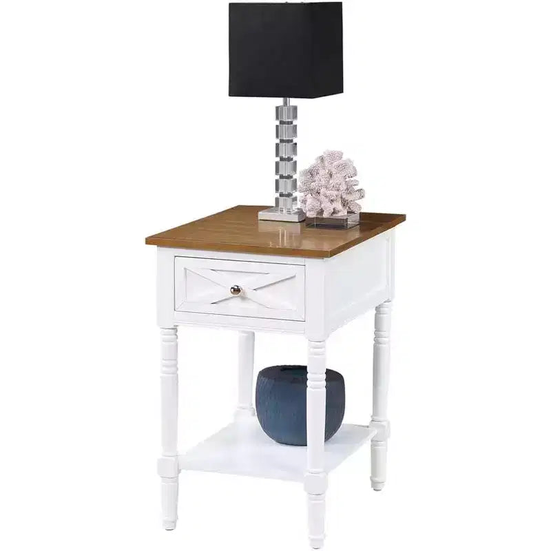 HomeStock Belmont End Table with Built-In Concealed Charging Station, 2 Outlets, 2 USB Ports, Drawer Storage and Bottom Shelf Accent Table