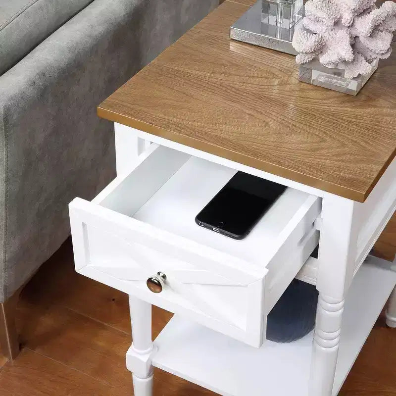 HomeStock Belmont End Table with Built-In Concealed Charging Station, 2 Outlets, 2 USB Ports, Drawer Storage and Bottom Shelf Accent Table