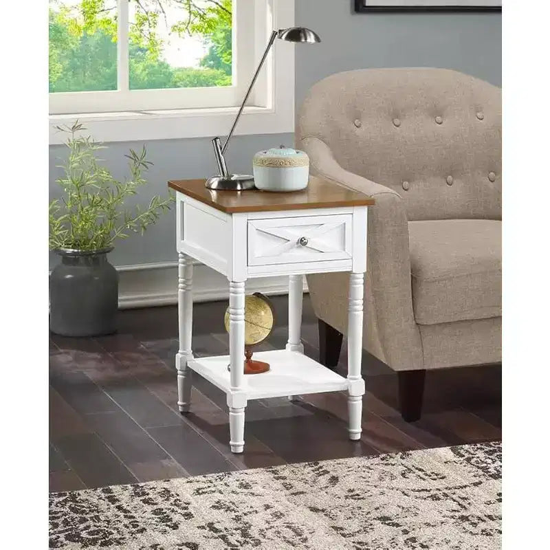 HomeStock Belmont End Table with Built-In Concealed Charging Station, 2 Outlets, 2 USB Ports, Drawer Storage and Bottom Shelf Accent Table
