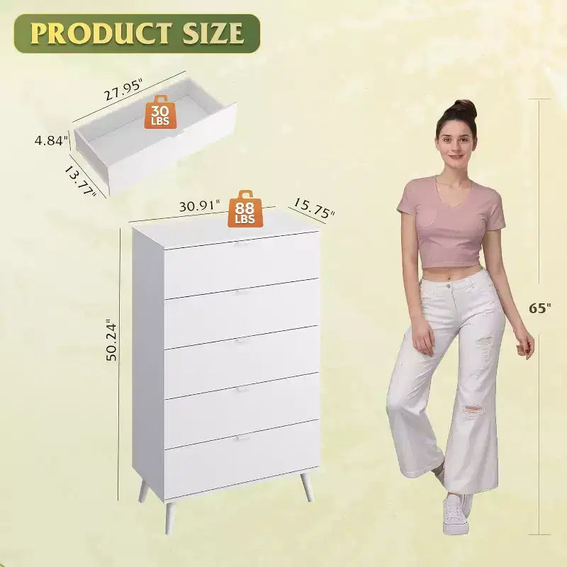 GALAXHERO 5-Drawer Tall Wooden Dresser - Storage Organizer with Metal Handles for Bedroom, Living Room, Hallway & Closet,White