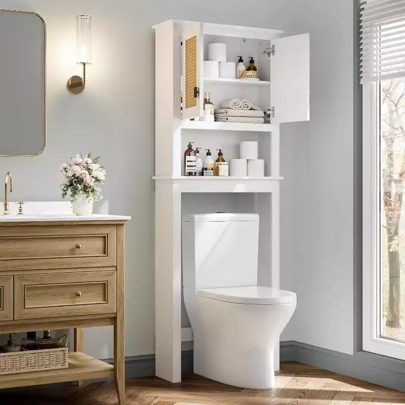 COZONY 63 Over The Toilet Storage Cabinet, Farmhouse Organizer with Rattan Doors and Anti-Tip Device, White