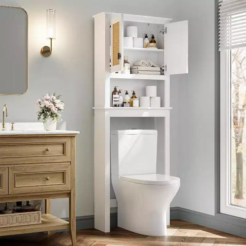 COZONY 63 Over The Toilet Storage Cabinet, Farmhouse Organizer with Rattan Doors and Anti-Tip Device, White