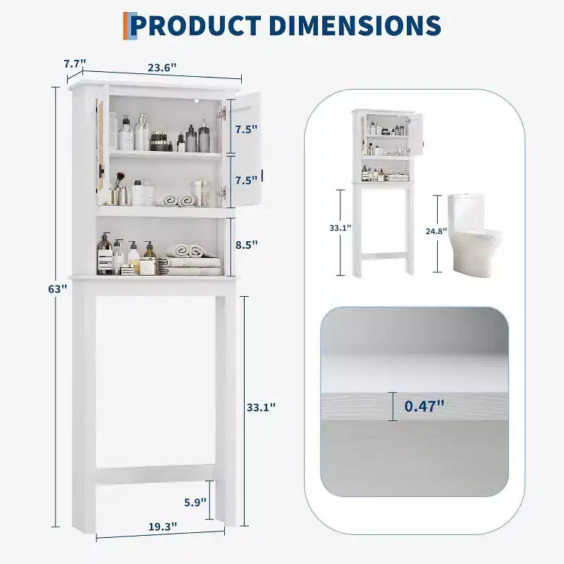 COZONY 63 Over The Toilet Storage Cabinet, Farmhouse Organizer with Rattan Doors and Anti-Tip Device, White