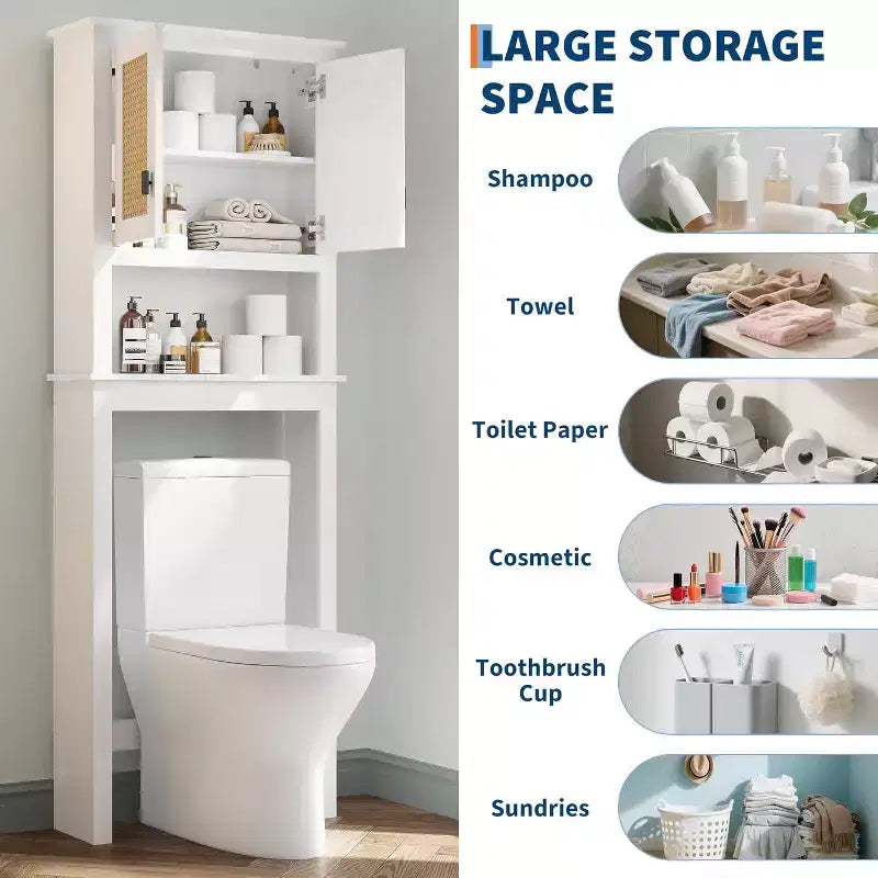 COZONY 63 Over The Toilet Storage Cabinet, Farmhouse Organizer with Rattan Doors and Anti-Tip Device, White