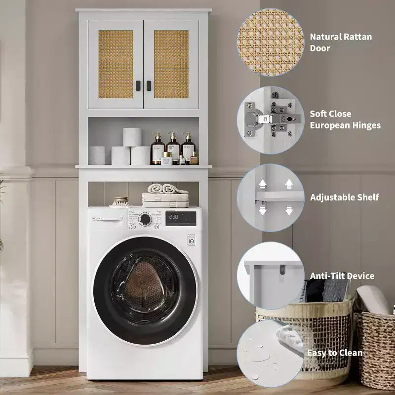 COZONY 63 Over The Toilet Storage Cabinet, Farmhouse Organizer with Rattan Doors and Anti-Tip Device, White
