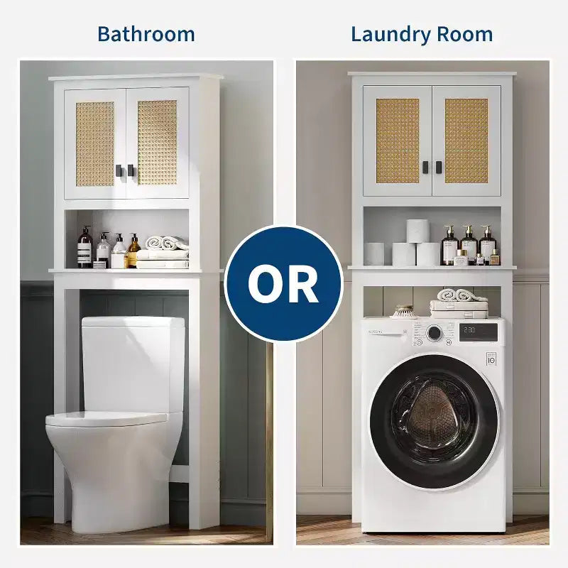 COZONY 63 Over The Toilet Storage Cabinet, Farmhouse Organizer with Rattan Doors and Anti-Tip Device, White