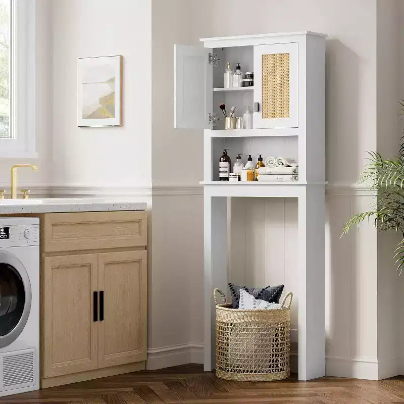 COZONY 63 Over The Toilet Storage Cabinet, Farmhouse Organizer with Rattan Doors and Anti-Tip Device, White