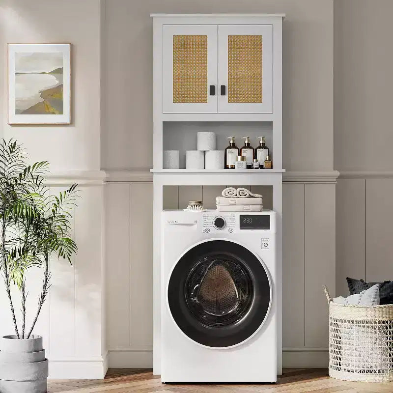COZONY 63 Over The Toilet Storage Cabinet, Farmhouse Organizer with Rattan Doors and Anti-Tip Device, White
