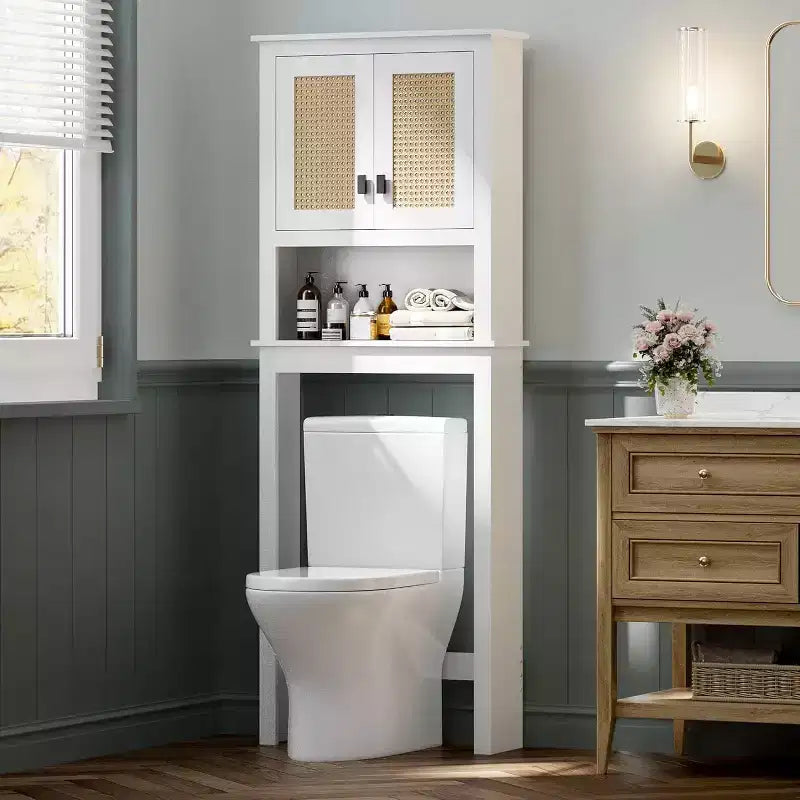 COZONY 63 Over The Toilet Storage Cabinet, Farmhouse Organizer with Rattan Doors and Anti-Tip Device, White