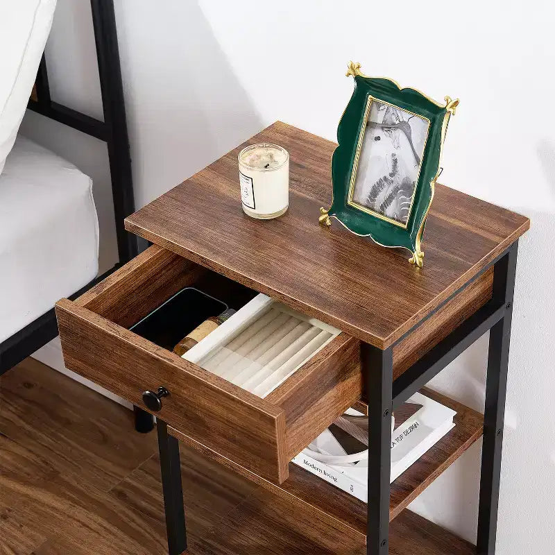 VECELO Tall End Side Table Set of 1/2, Nightstand with Adjustable Shelf and Drawer for Living Room or Bedroom, Small Spaces, Brown