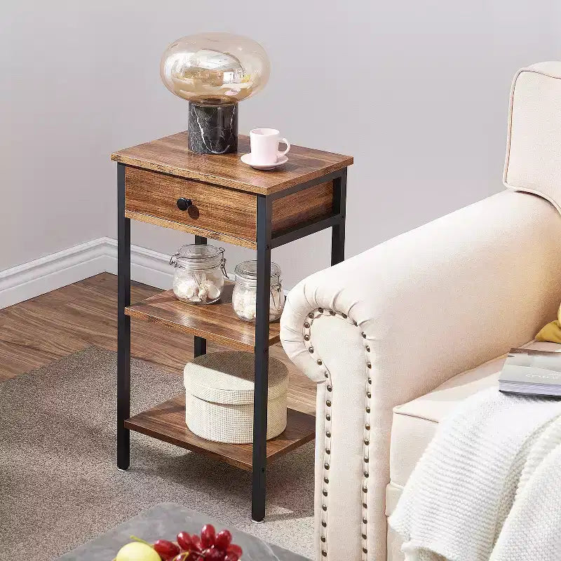 VECELO Tall End Side Table Set of 1/2, Nightstand with Adjustable Shelf and Drawer for Living Room or Bedroom, Small Spaces, Brown