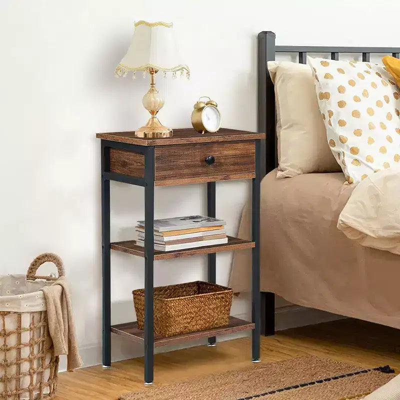 VECELO Tall End Side Table Set of 1/2, Nightstand with Adjustable Shelf and Drawer for Living Room or Bedroom, Small Spaces, Brown