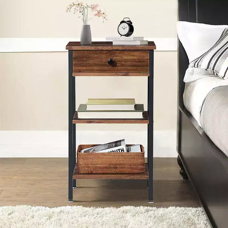 VECELO Tall End Side Table Set of 1/2, Nightstand with Adjustable Shelf and Drawer for Living Room or Bedroom, Small Spaces, Brown