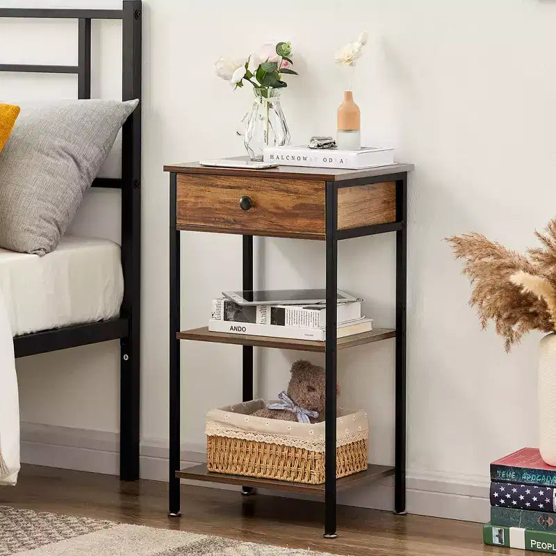 VECELO Tall End Side Table Set of 1/2, Nightstand with Adjustable Shelf and Drawer for Living Room or Bedroom, Small Spaces, Brown