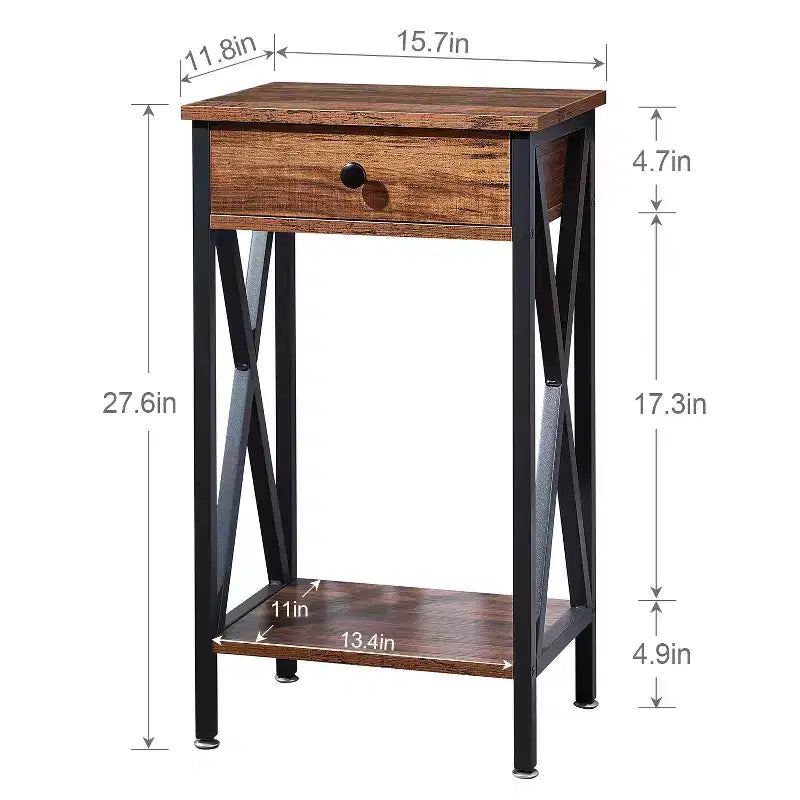 VECELO Tall End Side Table Set of 1/2, Nightstand with Adjustable Shelf and Drawer for Living Room or Bedroom, Small Spaces, Brown