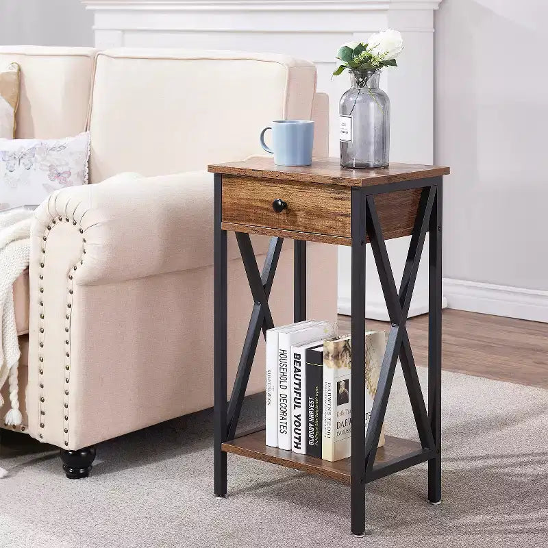 VECELO Tall End Side Table Set of 1/2, Nightstand with Adjustable Shelf and Drawer for Living Room or Bedroom, Small Spaces, Brown