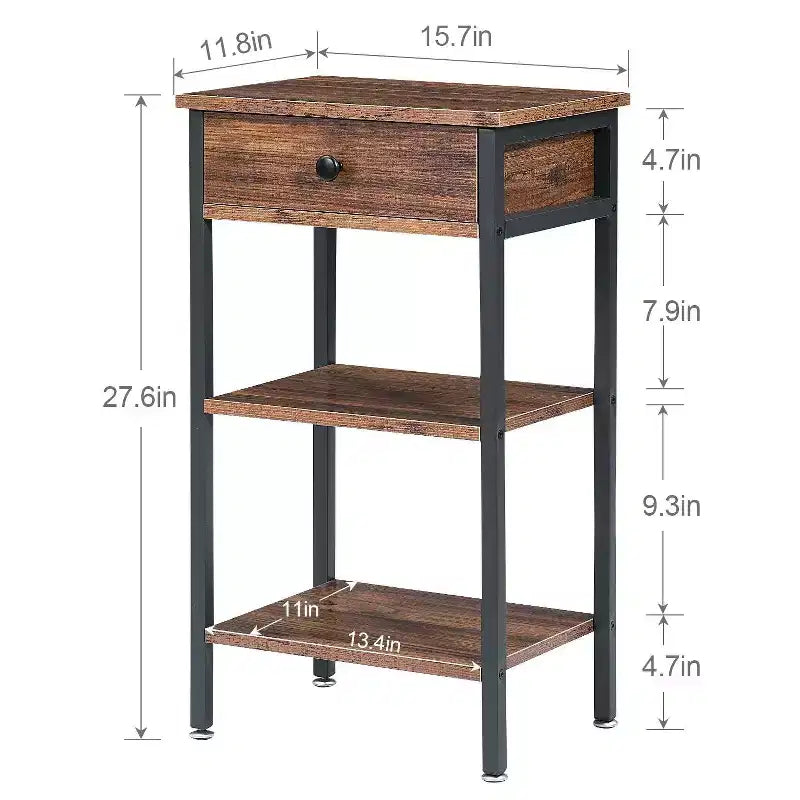 VECELO Tall End Side Table Set of 1/2, Nightstand with Adjustable Shelf and Drawer for Living Room or Bedroom, Small Spaces, Brown