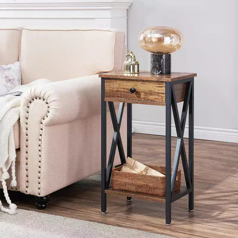 VECELO Tall End Side Table Set of 1/2, Nightstand with Adjustable Shelf and Drawer for Living Room or Bedroom, Small Spaces, Brown