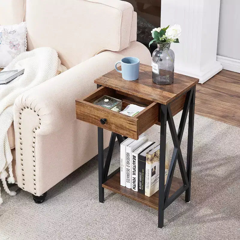 VECELO Tall End Side Table Set of 1/2, Nightstand with Adjustable Shelf and Drawer for Living Room or Bedroom, Small Spaces, Brown