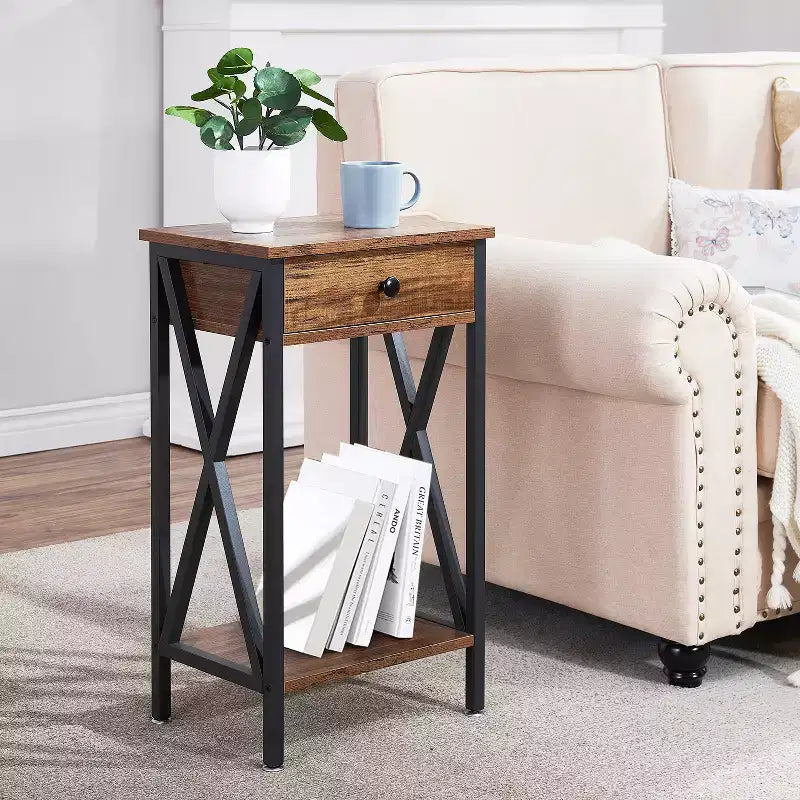 VECELO Tall End Side Table Set of 1/2, Nightstand with Adjustable Shelf and Drawer for Living Room or Bedroom, Small Spaces, Brown