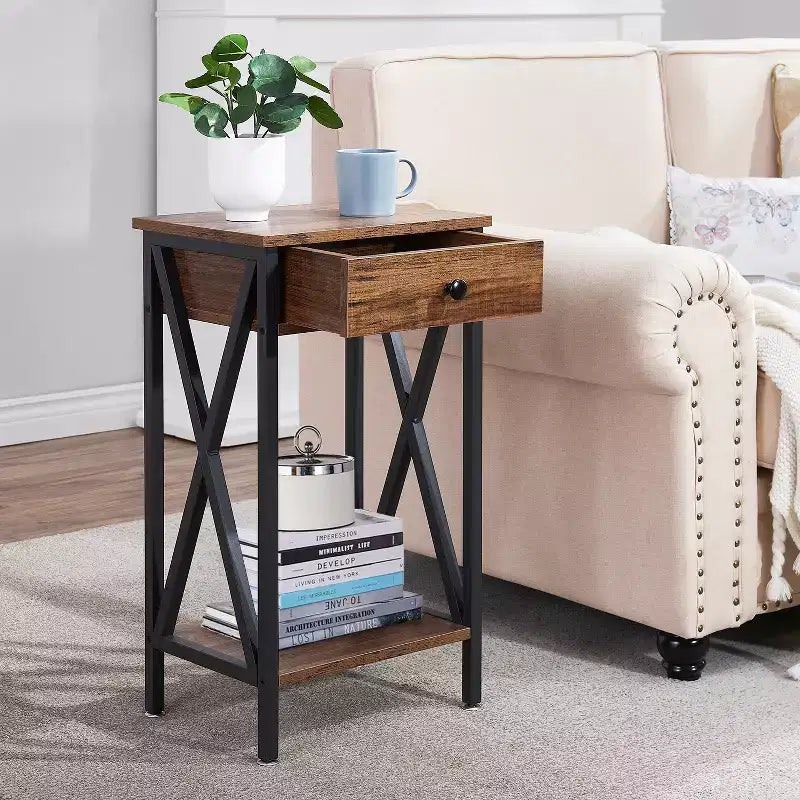 VECELO Tall End Side Table Set of 1/2, Nightstand with Adjustable Shelf and Drawer for Living Room or Bedroom, Small Spaces, Brown