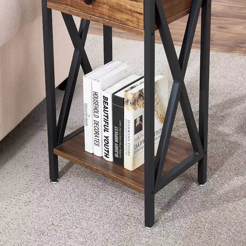 VECELO Tall End Side Table Set of 1/2, Nightstand with Adjustable Shelf and Drawer for Living Room or Bedroom, Small Spaces, Brown