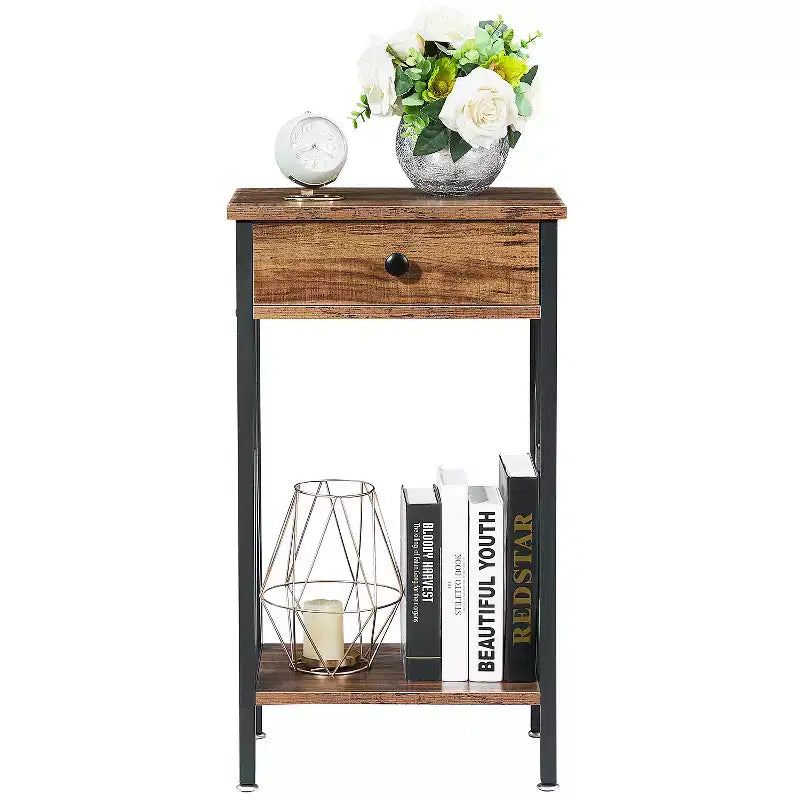 VECELO Tall End Side Table Set of 1/2, Nightstand with Adjustable Shelf and Drawer for Living Room or Bedroom, Small Spaces, Brown