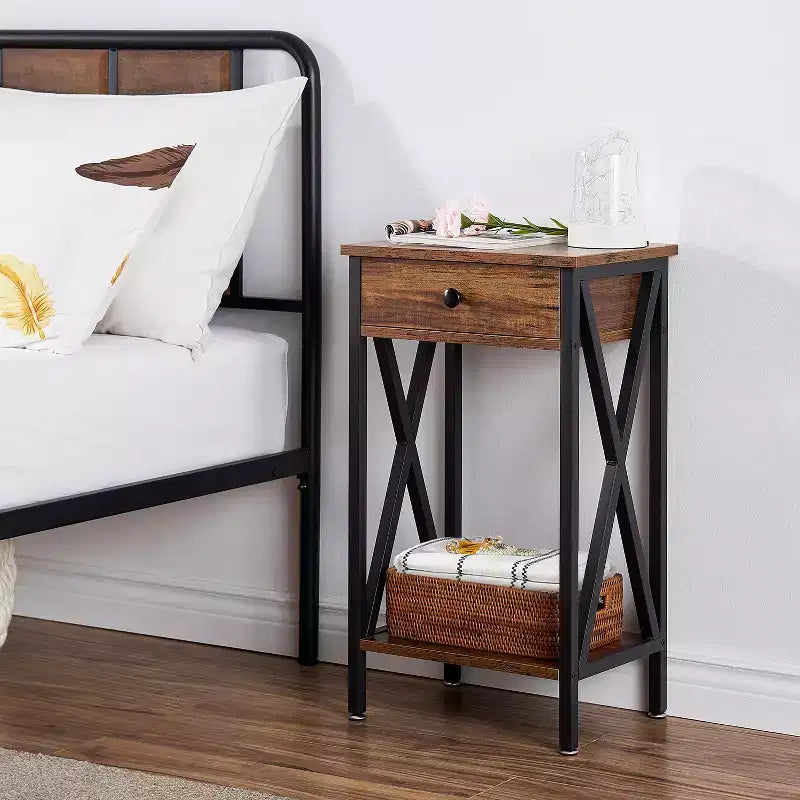 VECELO Tall End Side Table Set of 1/2, Nightstand with Adjustable Shelf and Drawer for Living Room or Bedroom, Small Spaces, Brown