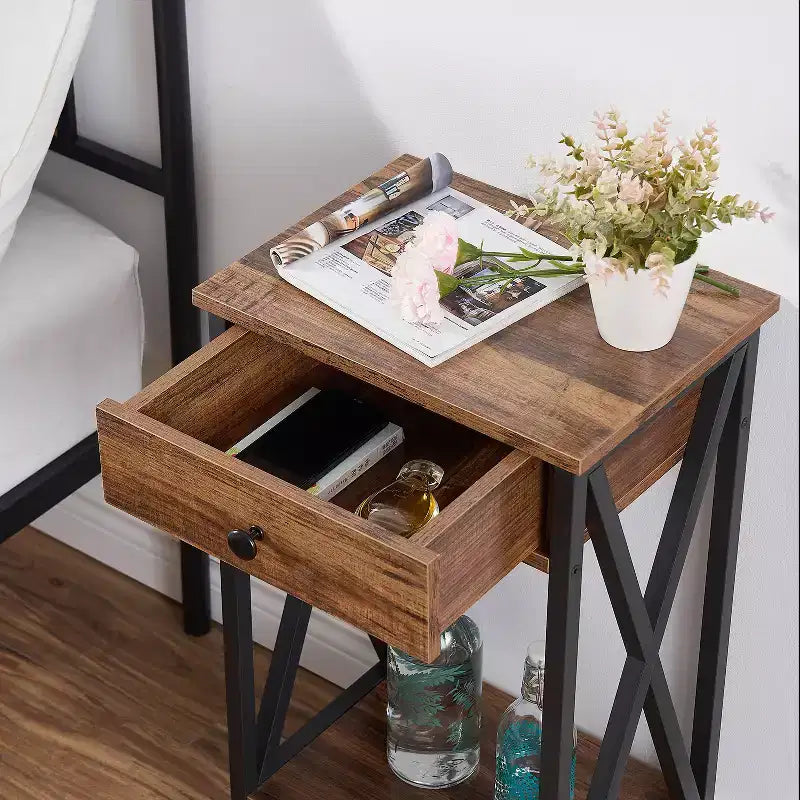 VECELO Tall End Side Table Set of 1/2, Nightstand with Adjustable Shelf and Drawer for Living Room or Bedroom, Small Spaces, Brown