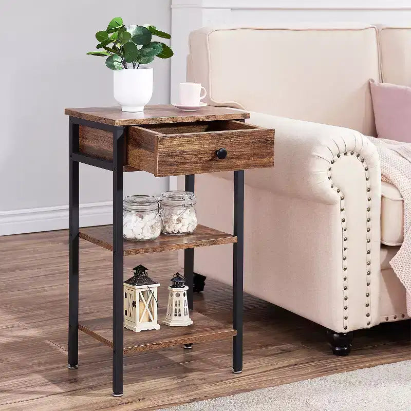 VECELO Tall End Side Table Set of 1/2, Nightstand with Adjustable Shelf and Drawer for Living Room or Bedroom, Small Spaces, Brown