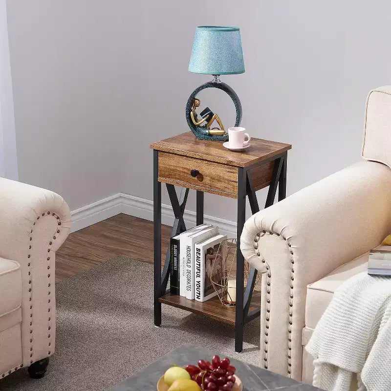 VECELO Tall End Side Table Set of 1/2, Nightstand with Adjustable Shelf and Drawer for Living Room or Bedroom, Small Spaces, Brown