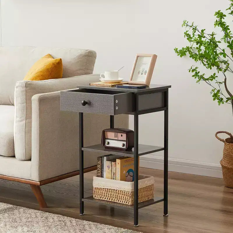 VECELO Tall End Side Table Set of 1/2, Nightstand with Adjustable Shelf and Drawer for Living Room or Bedroom, Small Spaces, Brown