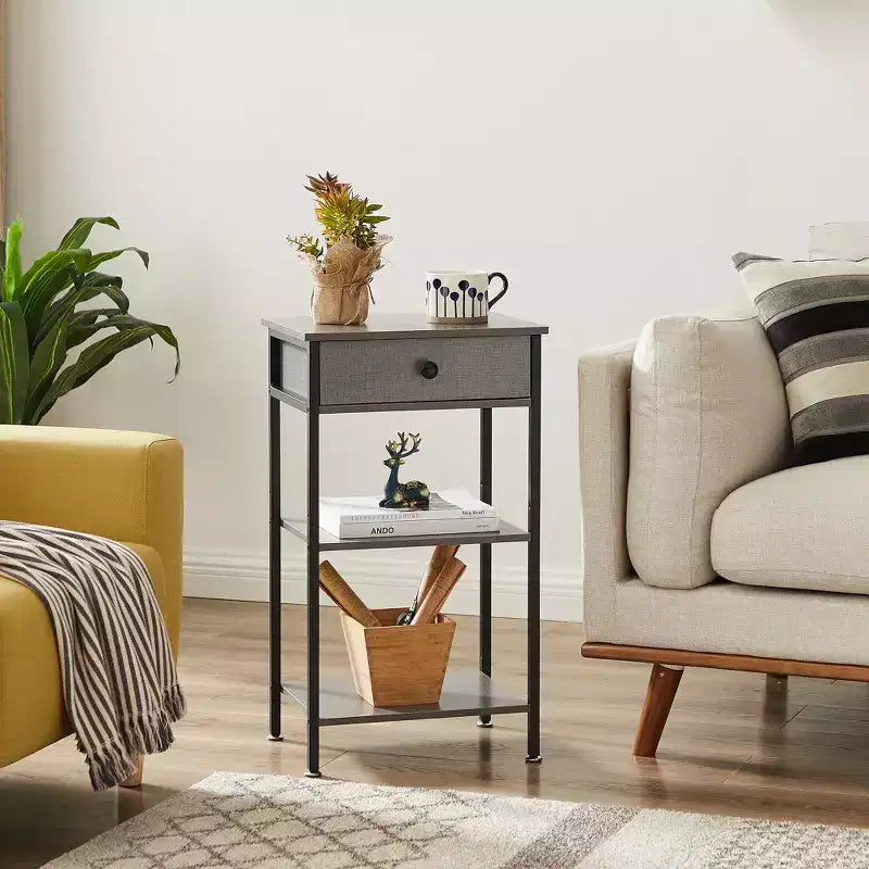 VECELO Tall End Side Table Set of 1/2, Nightstand with Adjustable Shelf and Drawer for Living Room or Bedroom, Small Spaces, Brown