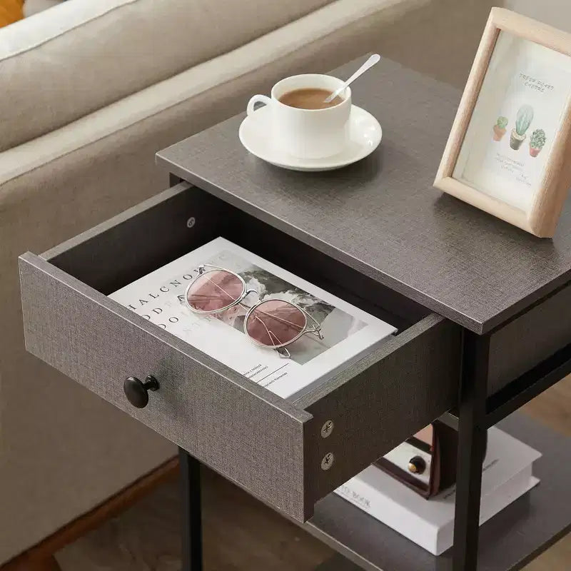 VECELO Tall End Side Table Set of 1/2, Nightstand with Adjustable Shelf and Drawer for Living Room or Bedroom, Small Spaces, Brown