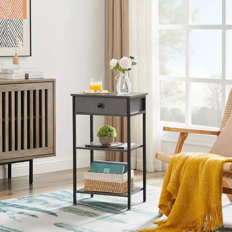 VECELO Tall End Side Table Set of 1/2, Nightstand with Adjustable Shelf and Drawer for Living Room or Bedroom, Small Spaces, Brown