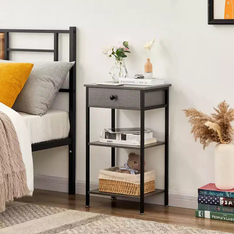 VECELO Tall End Side Table Set of 1/2, Nightstand with Adjustable Shelf and Drawer for Living Room or Bedroom, Small Spaces, Brown