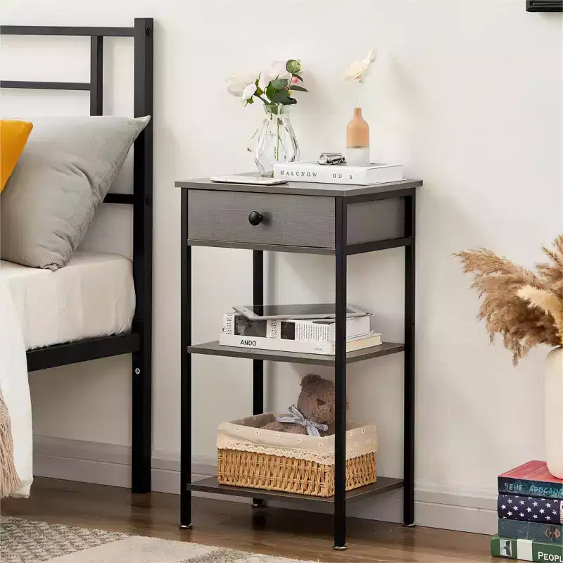 VECELO Tall End Side Table Set of 1/2, Nightstand with Adjustable Shelf and Drawer for Living Room or Bedroom, Small Spaces, Brown