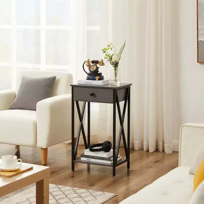 VECELO Tall End Side Table Set of 1/2, Nightstand with Adjustable Shelf and Drawer for Living Room or Bedroom, Small Spaces, Brown