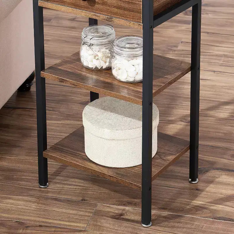 VECELO Tall End Side Table Set of 1/2, Nightstand with Adjustable Shelf and Drawer for Living Room or Bedroom, Small Spaces, Brown