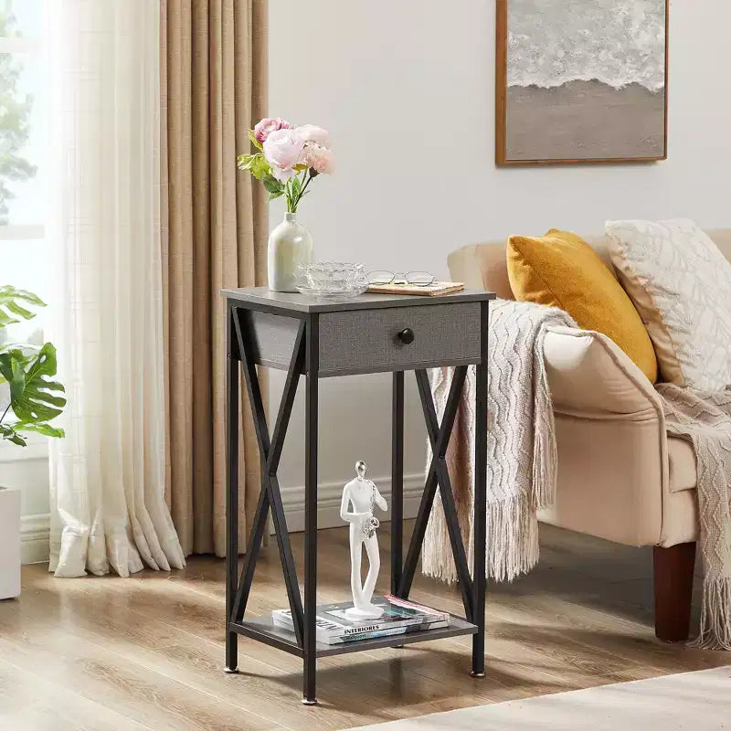 VECELO Tall End Side Table Set of 1/2, Nightstand with Adjustable Shelf and Drawer for Living Room or Bedroom, Small Spaces, Brown