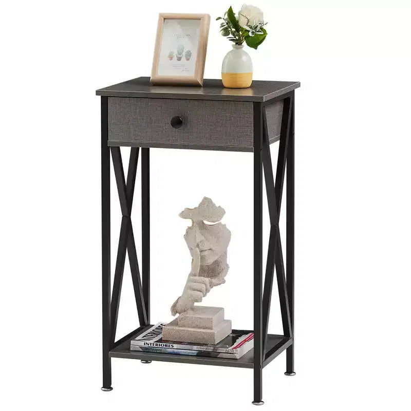 VECELO Tall End Side Table Set of 1/2, Nightstand with Adjustable Shelf and Drawer for Living Room or Bedroom, Small Spaces, Brown