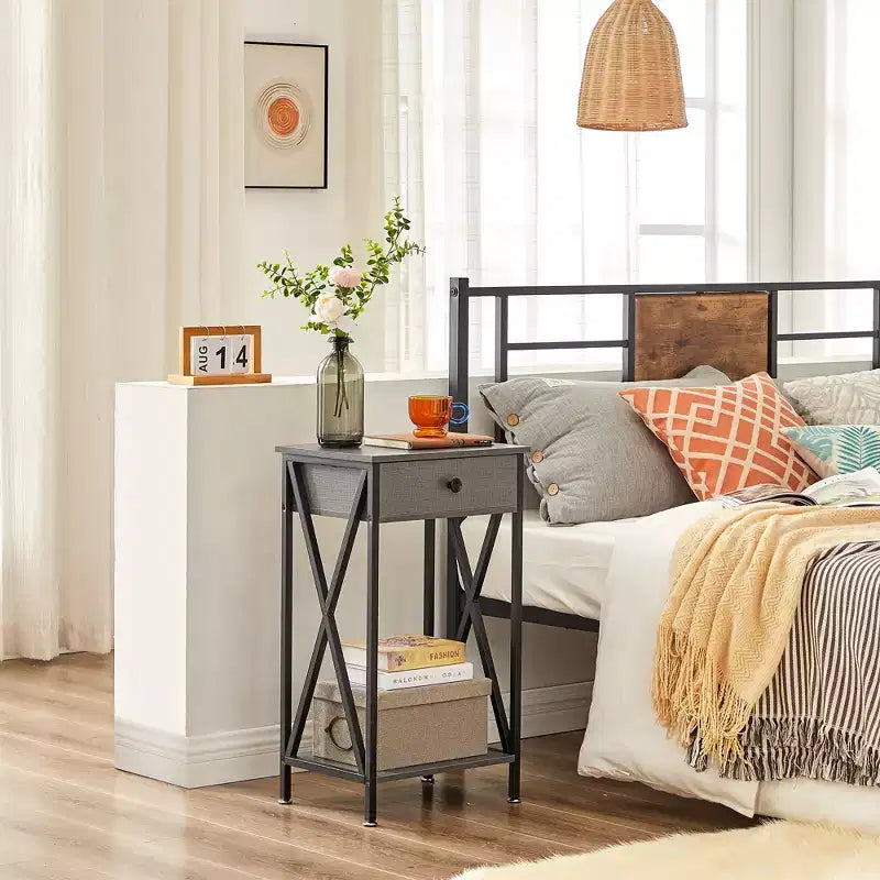VECELO Tall End Side Table Set of 1/2, Nightstand with Adjustable Shelf and Drawer for Living Room or Bedroom, Small Spaces, Brown