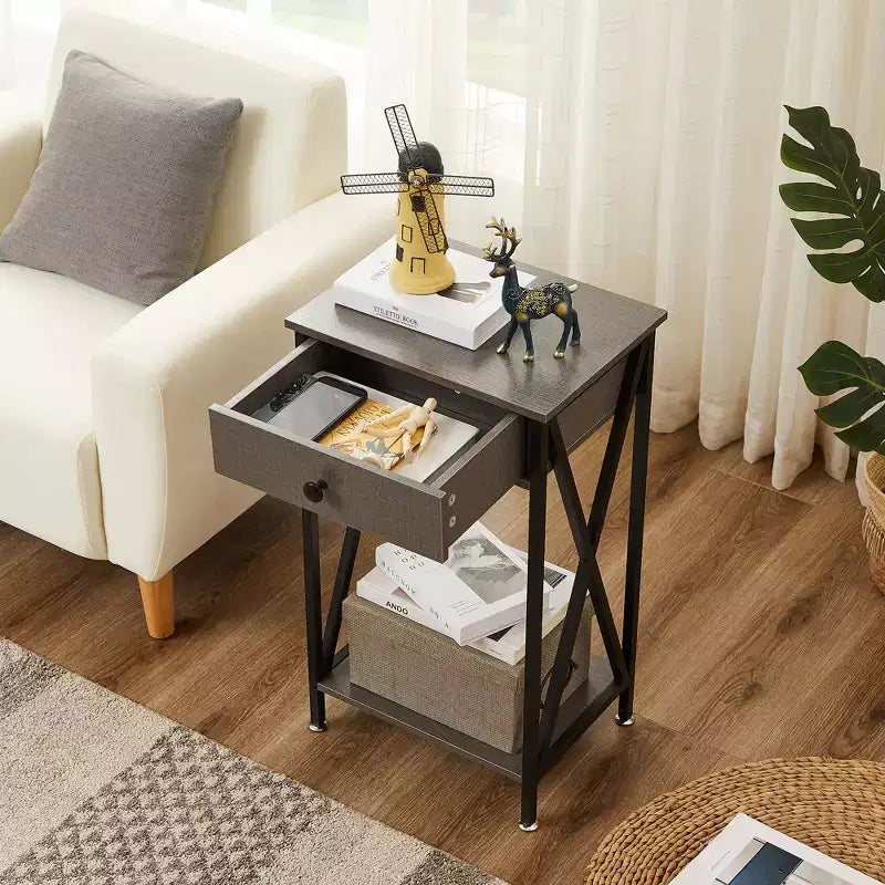 VECELO Tall End Side Table Set of 1/2, Nightstand with Adjustable Shelf and Drawer for Living Room or Bedroom, Small Spaces, Brown