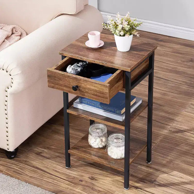 VECELO Tall End Side Table Set of 1/2, Nightstand with Adjustable Shelf and Drawer for Living Room or Bedroom, Small Spaces, Brown