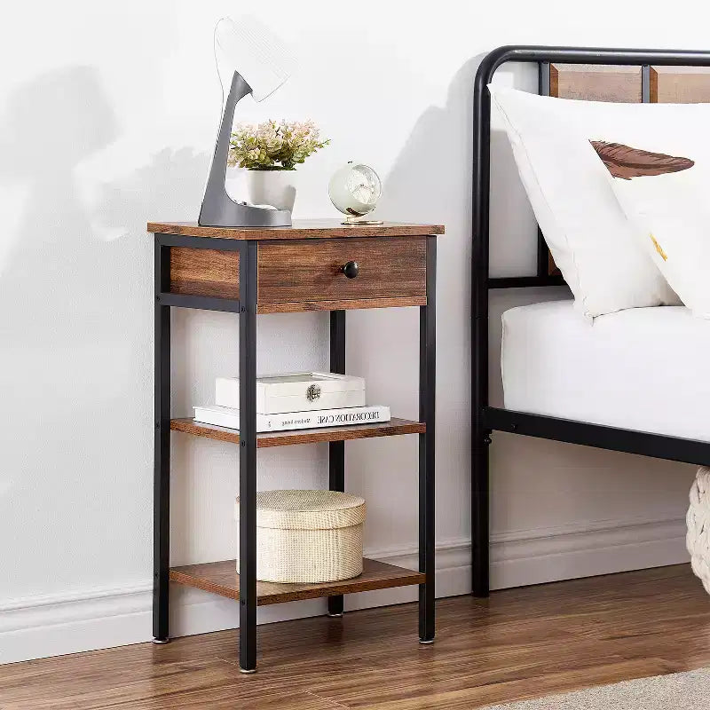 VECELO Tall End Side Table Set of 1/2, Nightstand with Adjustable Shelf and Drawer for Living Room or Bedroom, Small Spaces, Brown
