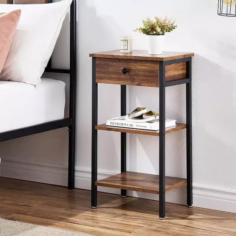 VECELO Tall End Side Table Set of 1/2, Nightstand with Adjustable Shelf and Drawer for Living Room or Bedroom, Small Spaces, Brown
