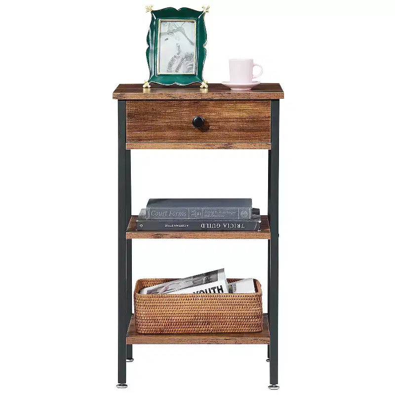 VECELO Tall End Side Table Set of 1/2, Nightstand with Adjustable Shelf and Drawer for Living Room or Bedroom, Small Spaces, Brown