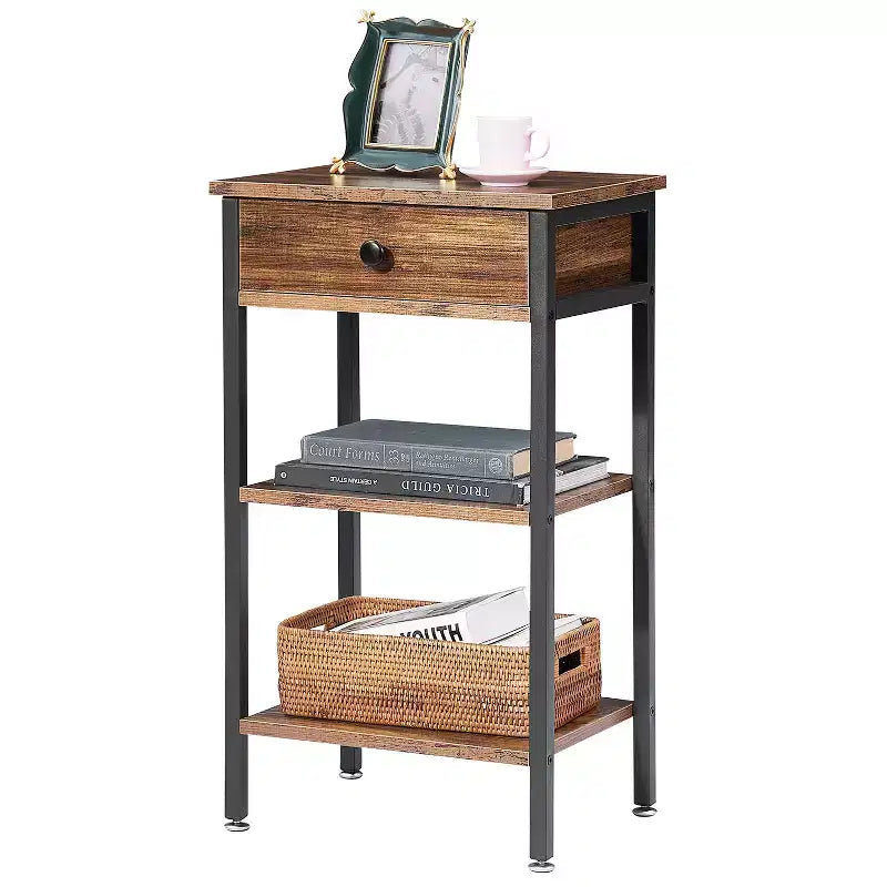 VECELO Tall End Side Table Set of 1/2, Nightstand with Adjustable Shelf and Drawer for Living Room or Bedroom, Small Spaces, Brown
