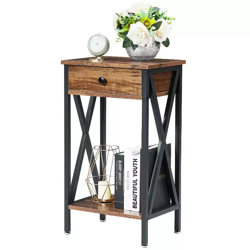VECELO Tall End Side Table Set of 1/2, Nightstand with Adjustable Shelf and Drawer for Living Room or Bedroom, Small Spaces, Brown